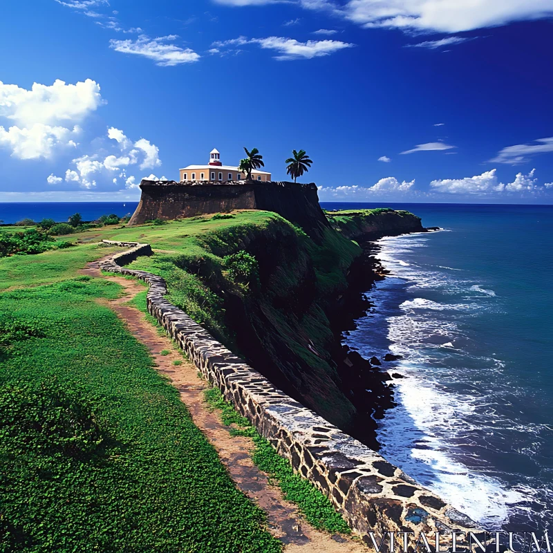 Oceanfront Lighthouse on Verdant Cliffside AI Image