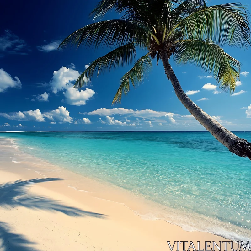 Serene Beach Scene with Palm and Clear Ocean AI Image