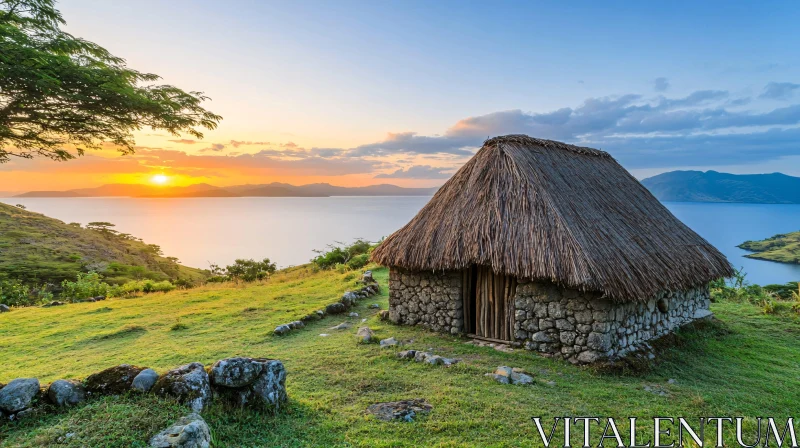 Peaceful Sunset Over Island Stone Hut AI Image