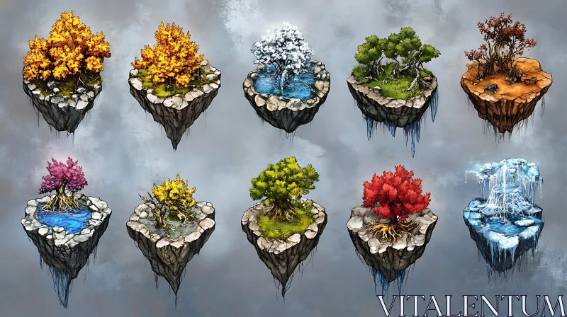 Floating Islands Depicting Different Seasons AI Image