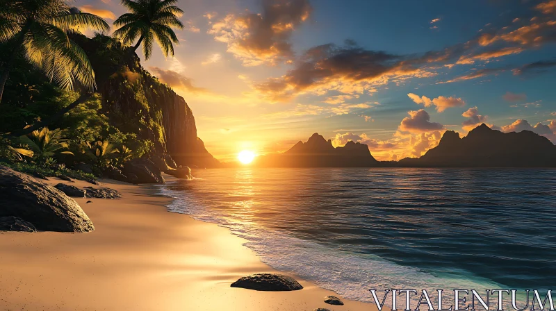 Serene Sunset Over Tropical Beach with Palms AI Image