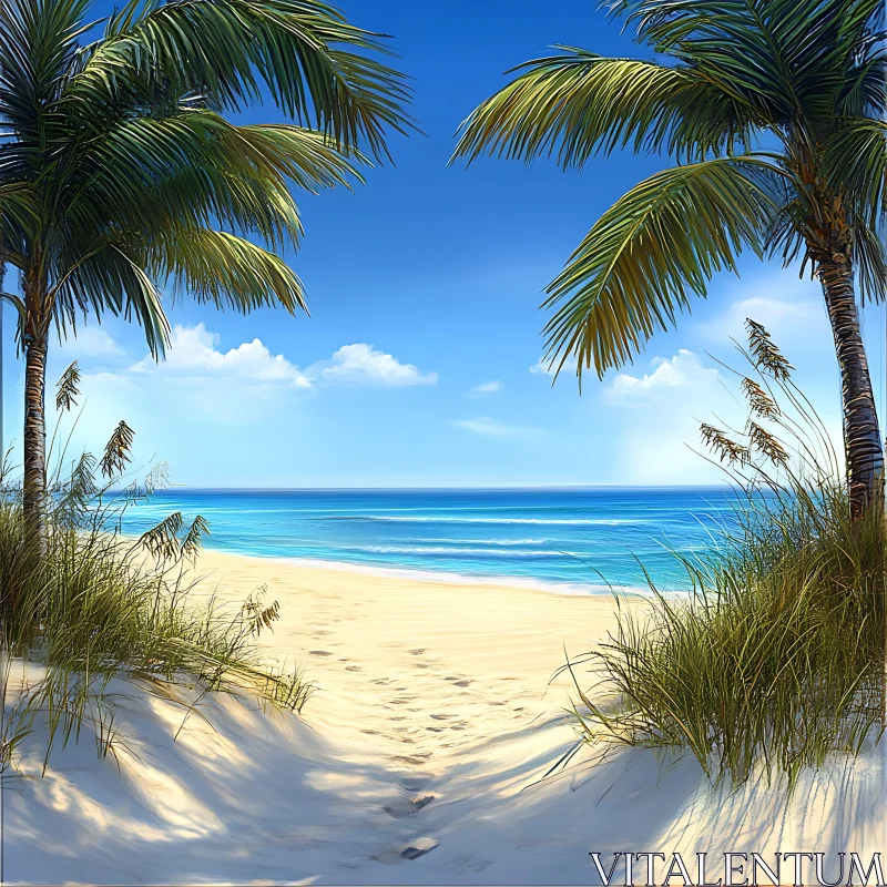 Tranquil Beach with Palm Trees and Clear Blue Ocean AI Image