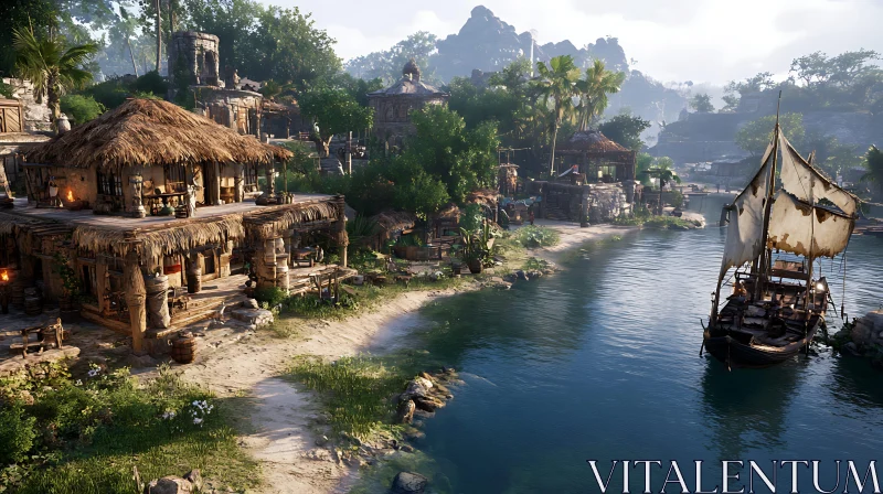 Idyllic Island Village with Lush Greenery and Calm Waters AI Image