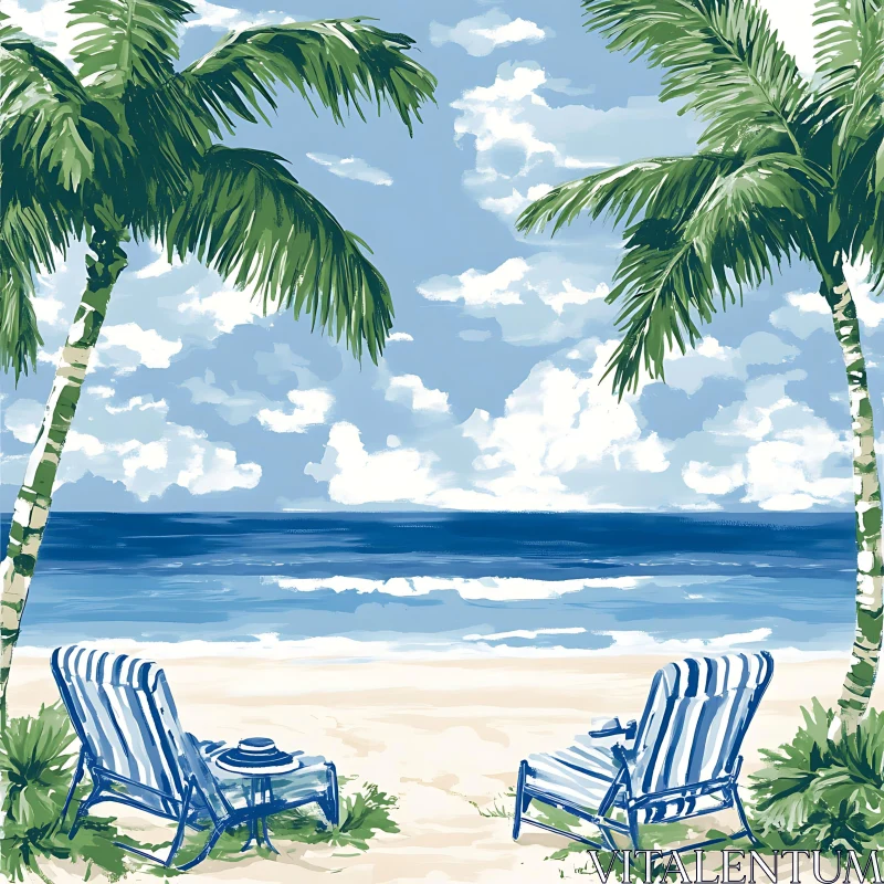 Tranquil Beach View with Palm Trees and Seating AI Image