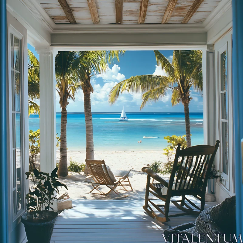 Relaxing Beachfront with Palm Trees and Sailboat AI Image