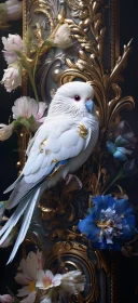 White Parrot with Golden Ornamentation and Flowers