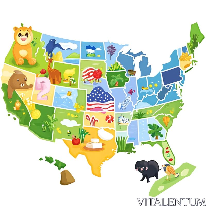 Illustrated USA Map with State Symbols AI Image