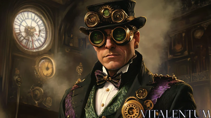 Steampunk Portrait with Goggles and Clock Background AI Image