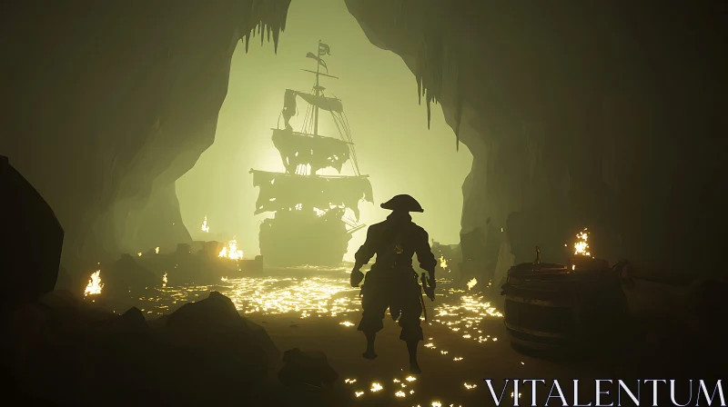 Shadowy Pirate in Enchanted Cave AI Image