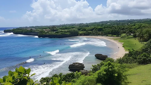 Idyllic Beach with Surfers and Verdant Landscape