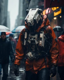 Futuristic Cyborg Navigating a Rainy City Street