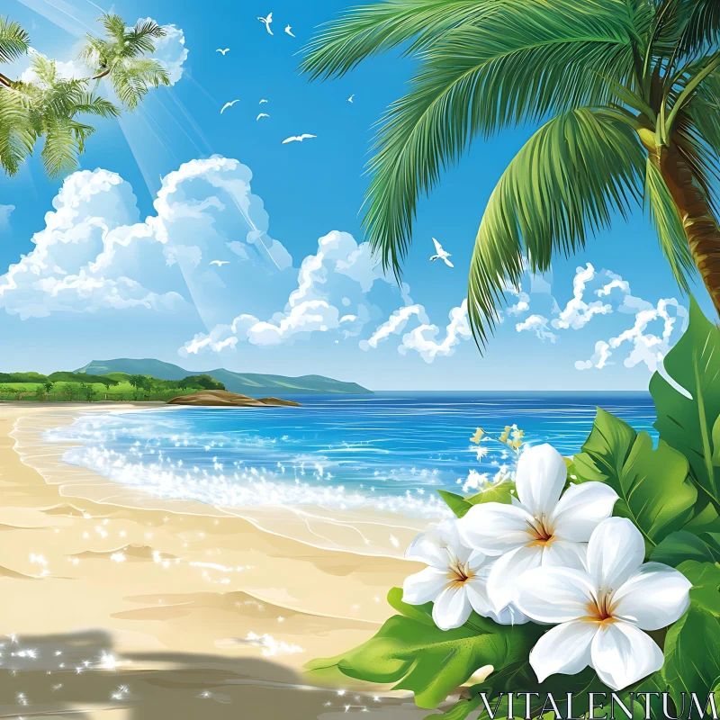 Idyllic Coastal Scene with Flowers and Palm Trees AI Image