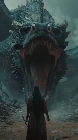 Woman Faces Dragon in a Fantasy World