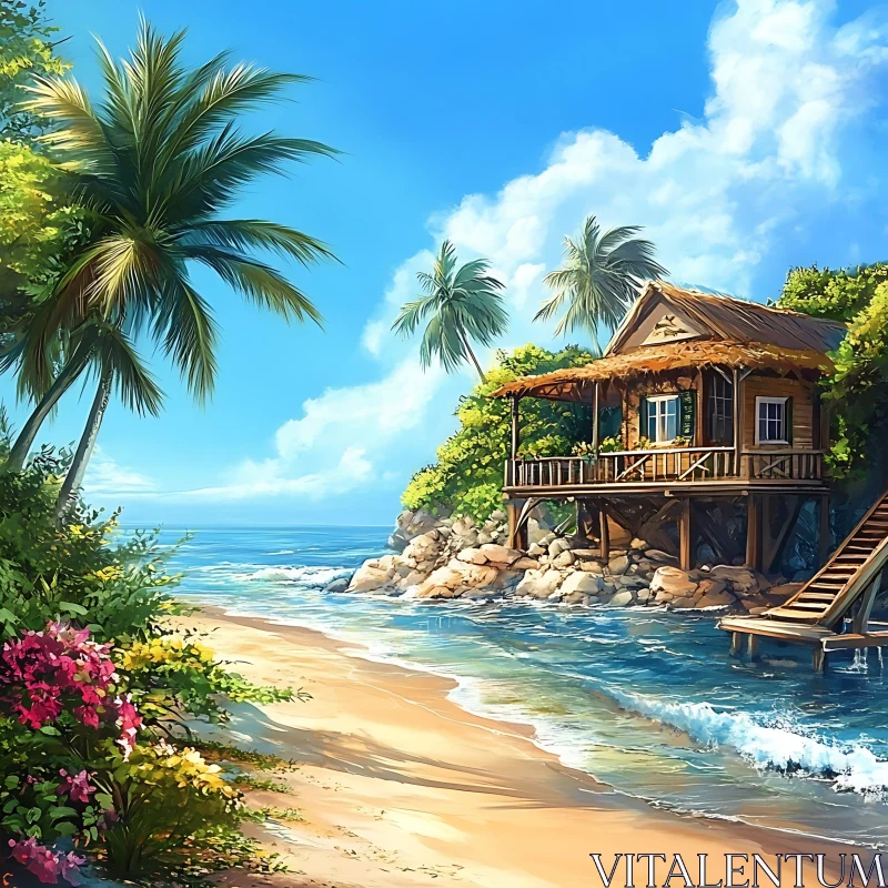 Beach Hut in a Tropical Island Setting AI Image