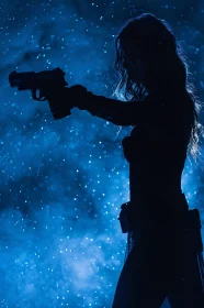 Silhouette with Handgun in Blue Glow