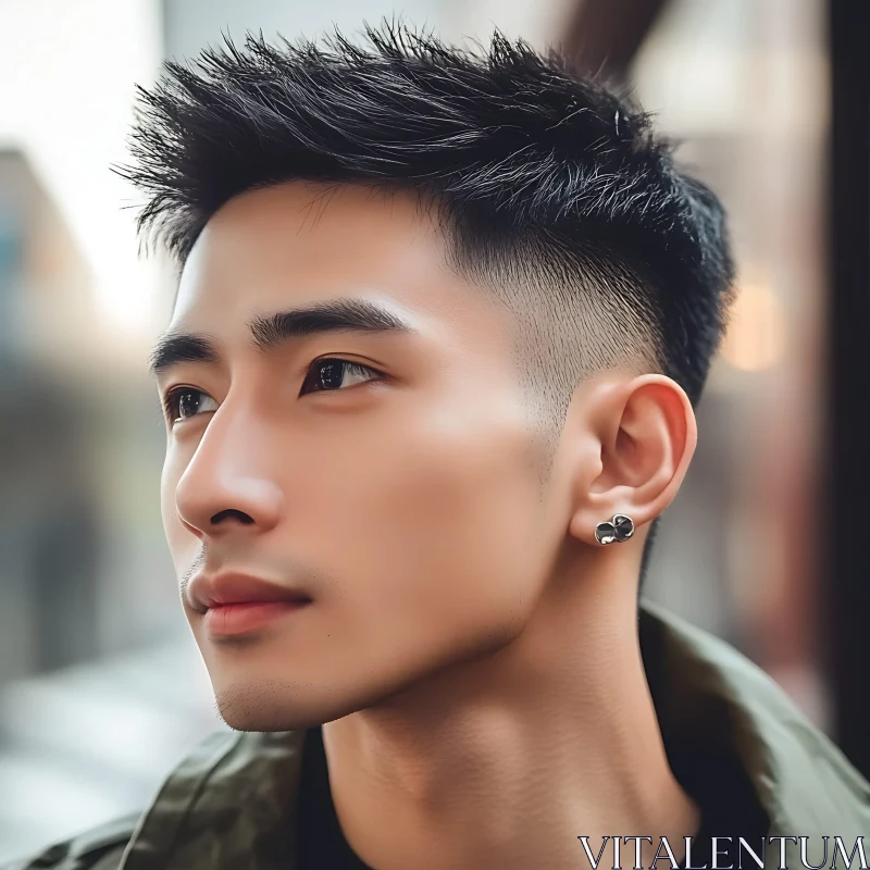 Young Man's Profile with Stylish Earring and Spiky Hair AI Image