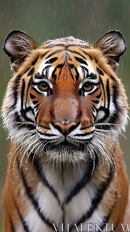 Imposing Tiger Portrait Under Rain AI Image