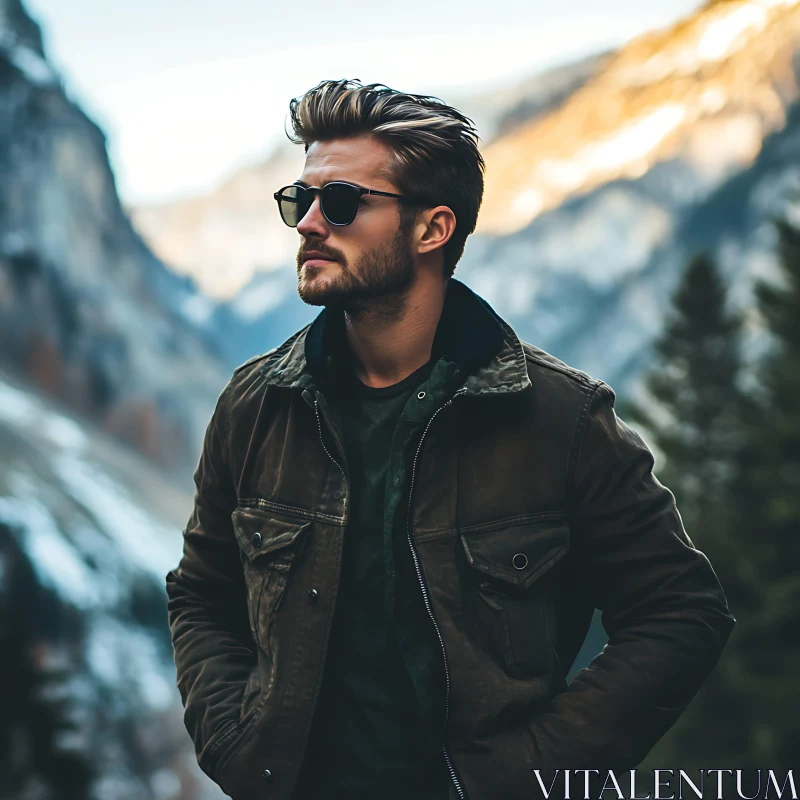 Stylish Man with Sunglasses in Scenic Mountain Setting AI Image