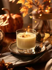 Warm Autumn Atmosphere with Candle and Pumpkins