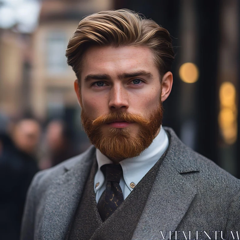 Sophisticated Man with Styled Hair in Cityscape AI Image