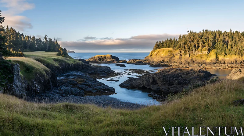 Serene Island with Calm Ocean and Rocky Coastline AI Image