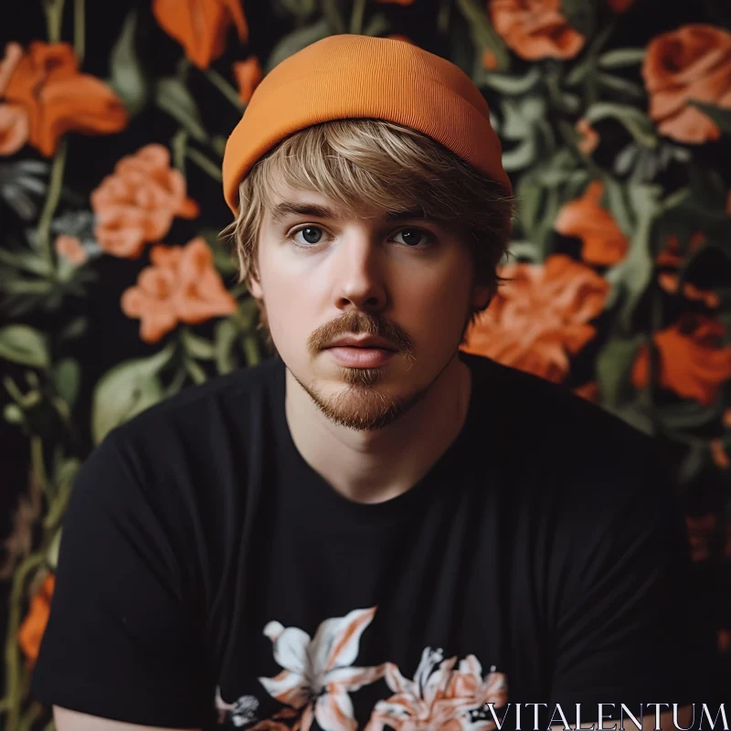 Young Man with Orange Beanie and Floral Backdrop AI Image