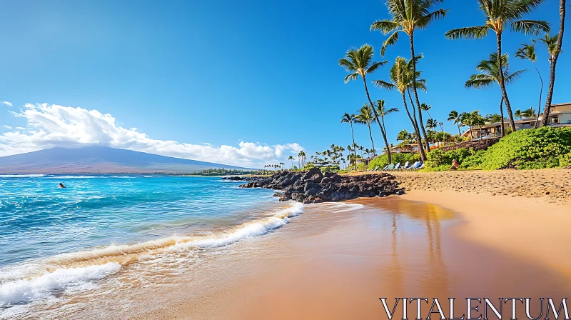 Golden Sand Beach with Azure Waters and Palm Trees AI Image