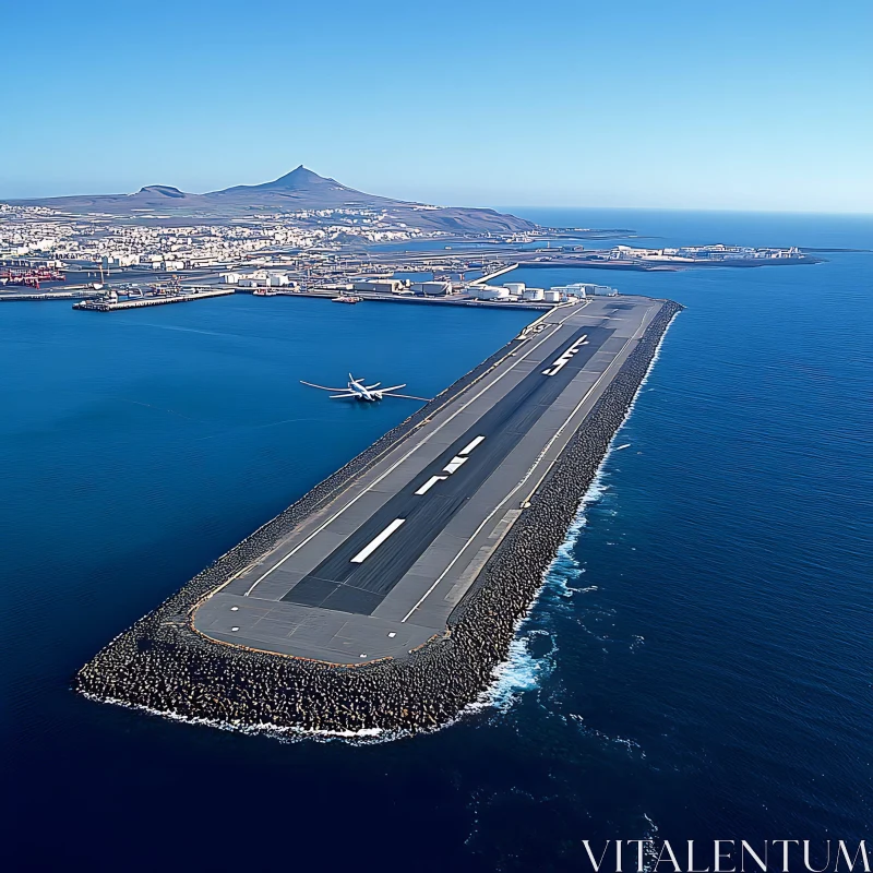 Runway Extending into the Sea with Airplane and Clear Sky AI Image