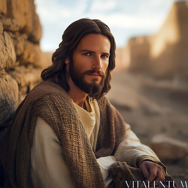 Calm Portrait of a Bearded Man by Stone Wall AI Image