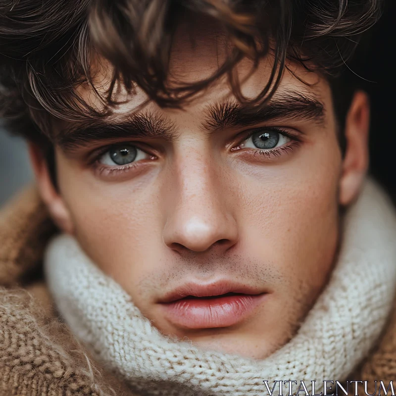 Young Man's Portrait with Piercing Blue Eyes AI Image