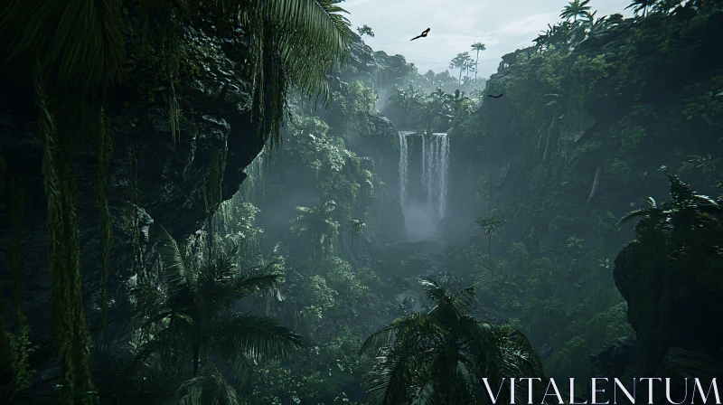 Misty Forest Waterfall in Lush Vegetation AI Image