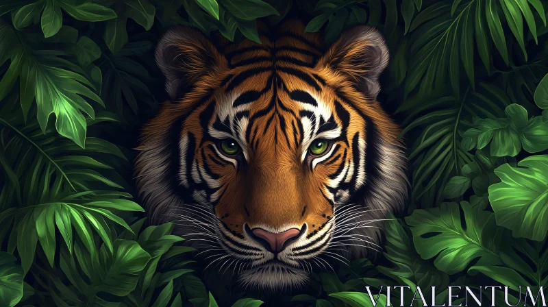 Tiger Among Tropical Leaves AI Image