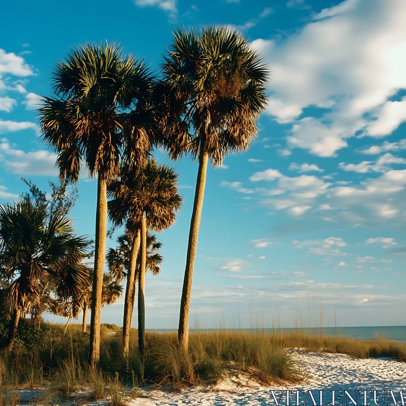 Tranquil Coastal Landscape with Palm Trees and Ocean View AI Image