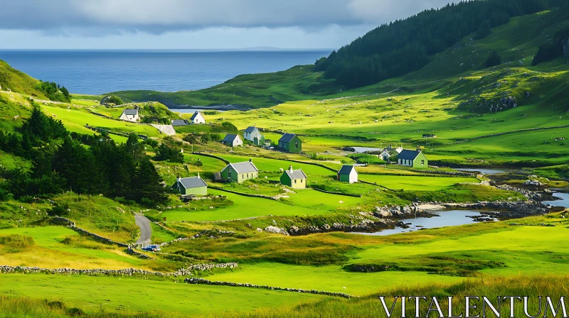 Lush Green Valley with Charming Cottages AI Image