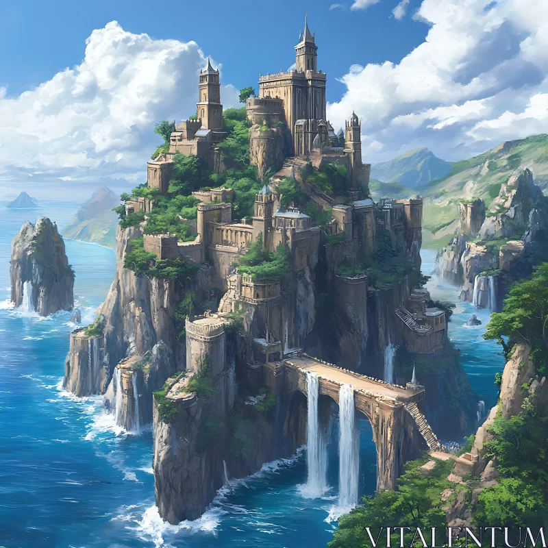 Enchanting Castle on Cliffside with Waterfalls AI Image