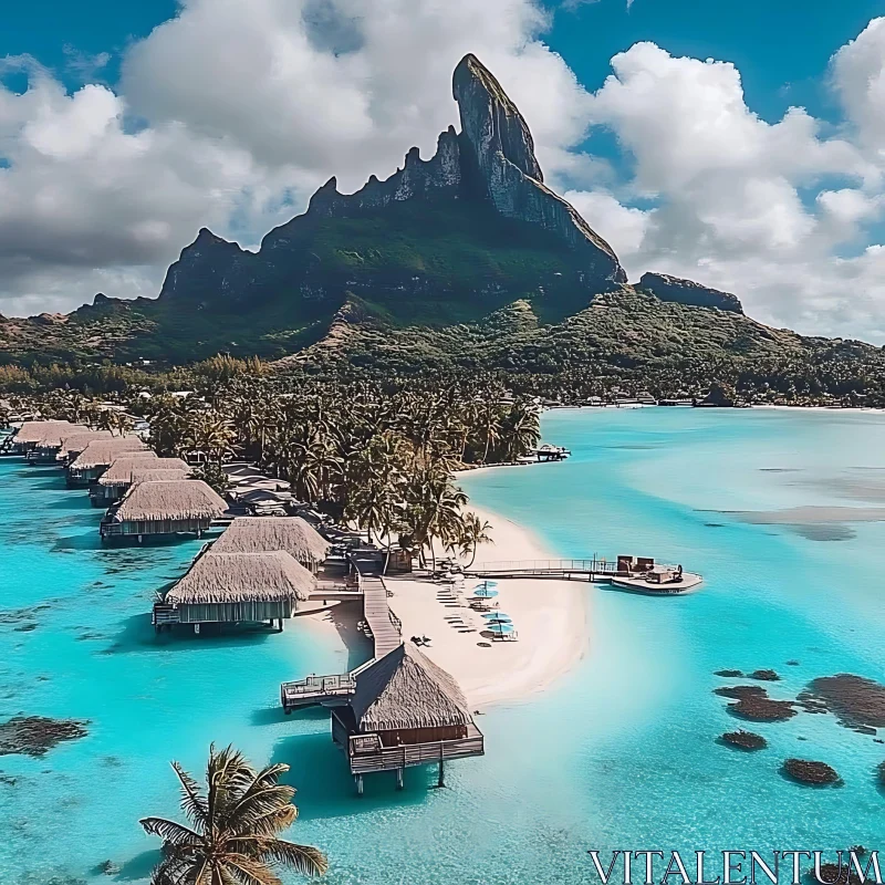 Stunning Beach Huts and Mountain on a Tropical Island AI Image