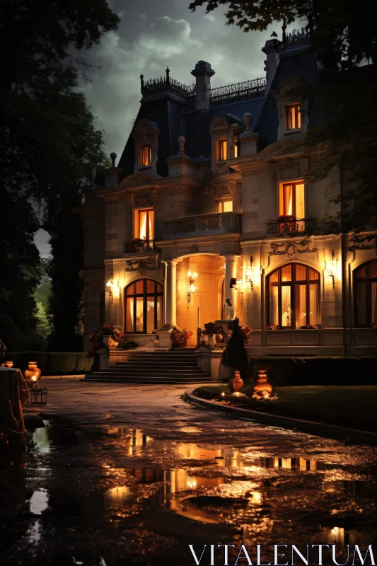 Elegant Mansion Illuminated in Nighttime Splendor AI Image