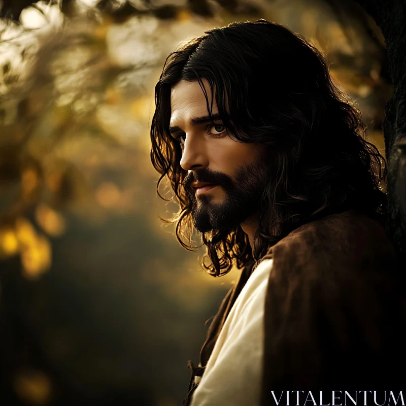 Contemplative Man with Long Hair in Nature AI Image