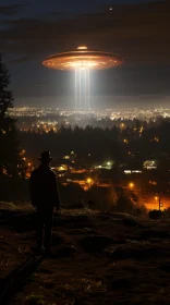 UFO Glowing Above City at Night