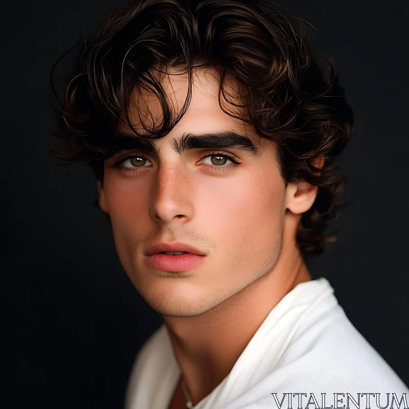 Intense Gaze of a Young Man with Curls