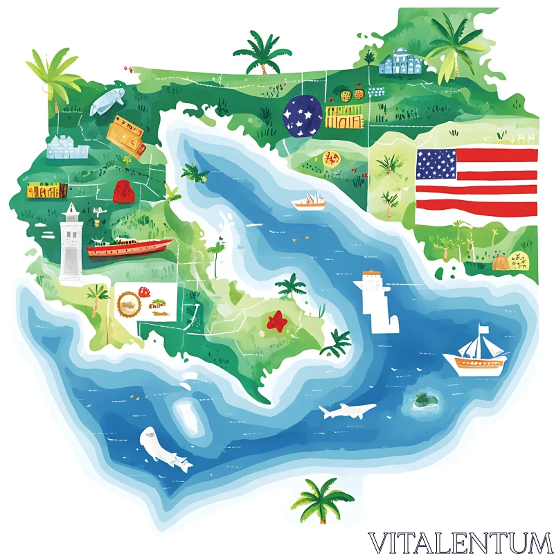 Illustrated Coastal Map with USA Landmarks