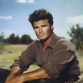 Man Seated Outdoors with Blue Sky
