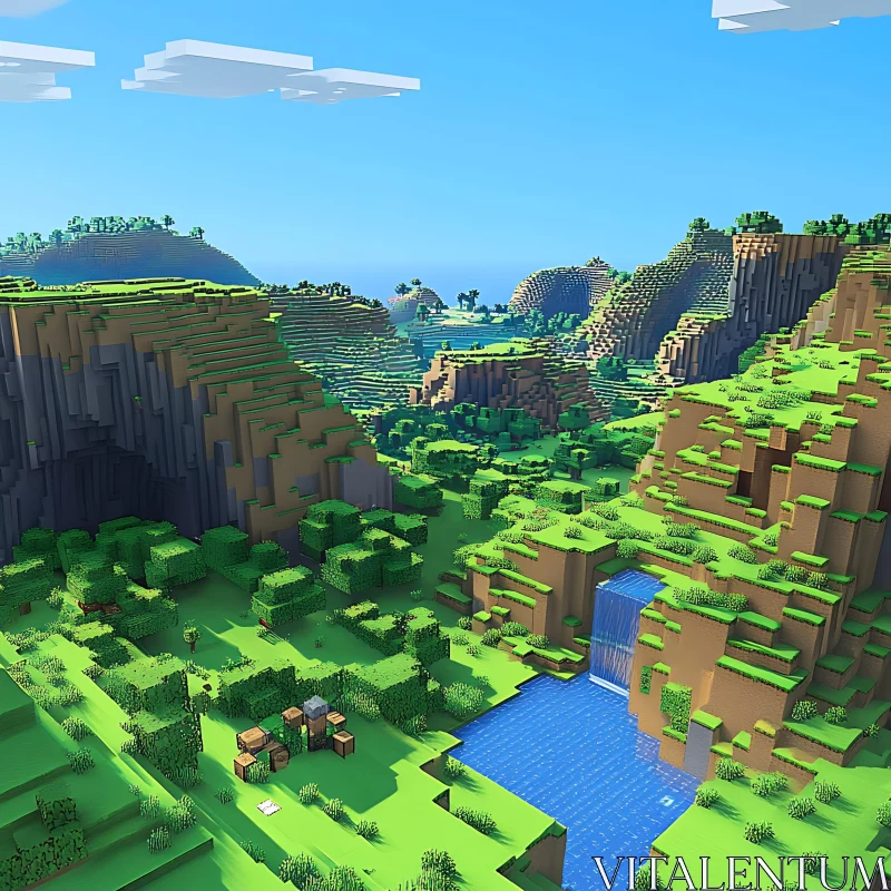 Stylized Blocky Landscape with Hills and Waterfall