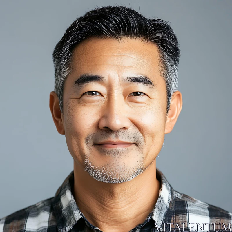 Friendly Middle-Aged Man in Checkered Shirt Against Gray