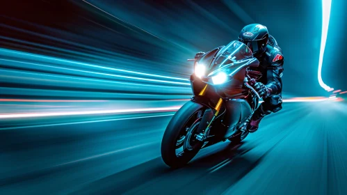 Motorcyclist Racing Through Neon Tunnel