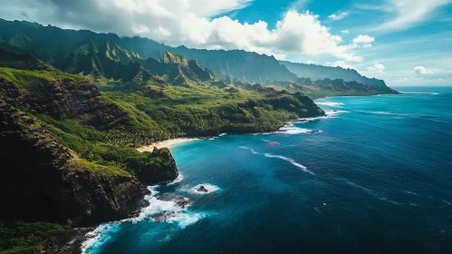 Lush Green Island with Towering Cliffs and Secluded Beach