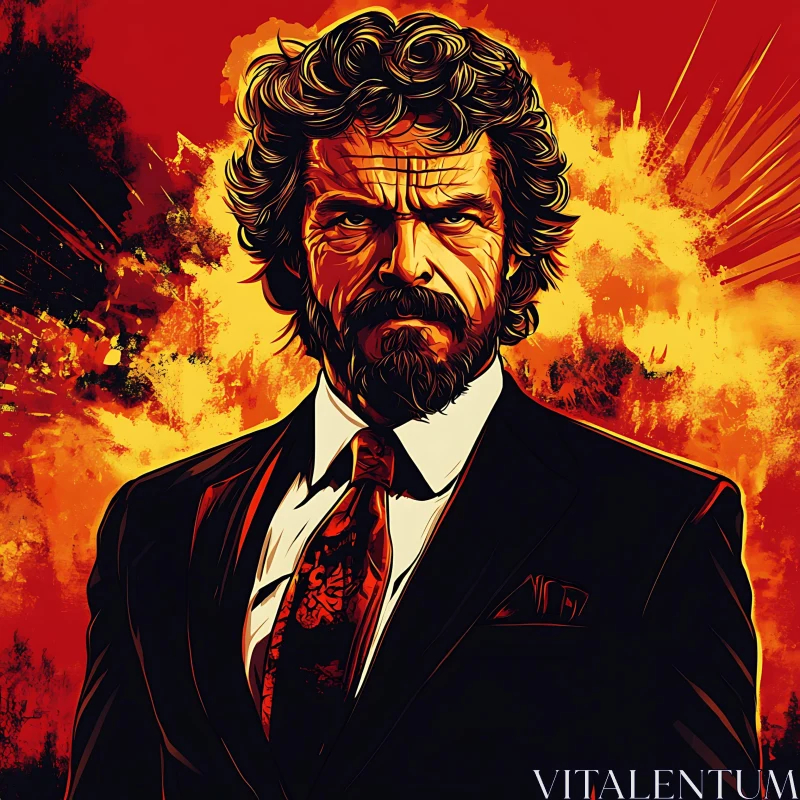 Stern Man in Black Suit with Vibrant Background