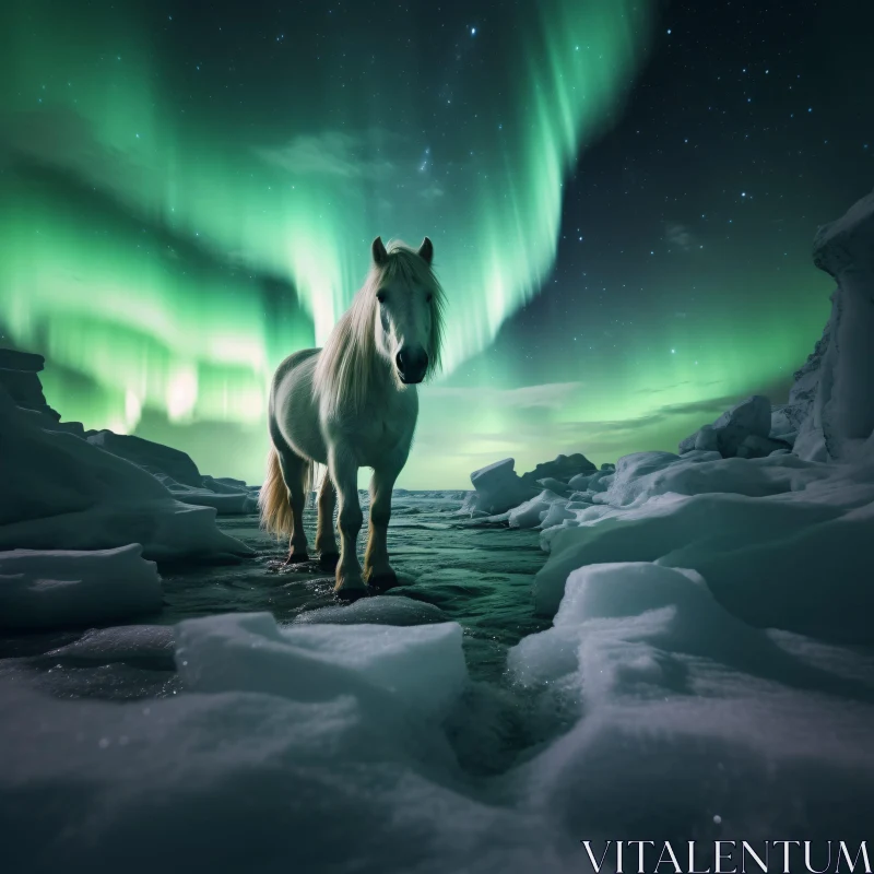 Horse in Icy Landscape with Aurora