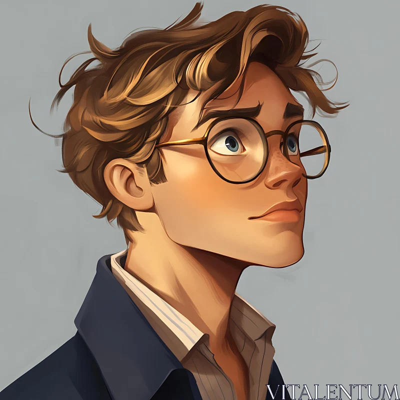 Profile Illustration of a Young Man with Round Glasses AI Image