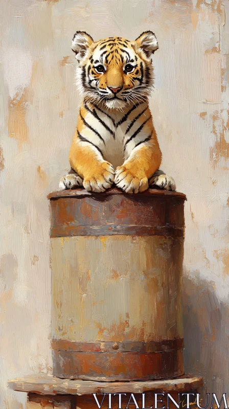 Tiger Cub on Barrel - Detailed Animal Art AI Image